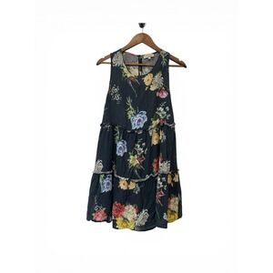 La Ragazze  100% Linen Tiered Floral Dress Knee Length Cottagecore Size XS‎